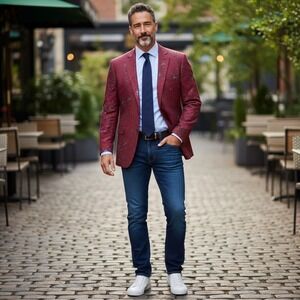 Vintage Vinci 2-Button Italian Suit Jacket Mens Burgundy Paint Splatter Size 4XL